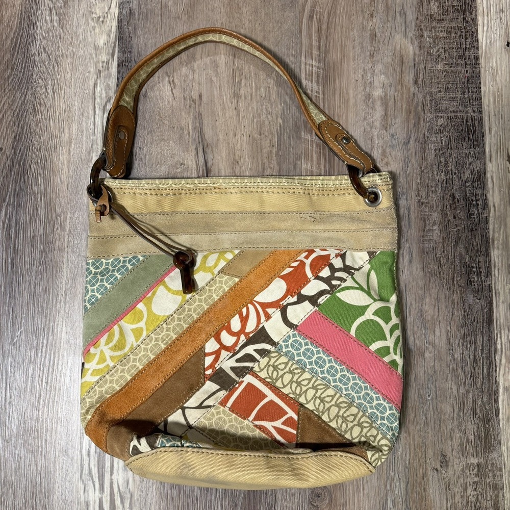 Fossil Shoulder Bag Womens Brown Multi Patchwork Leather Purse Zip‎ Pockets Hobo
